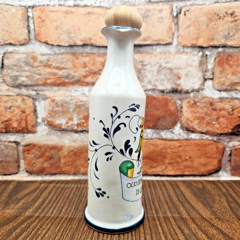 Hand Painted Italian Tuscany Olive Oil Cruet Bottle Cork Bird Pottery 8.5